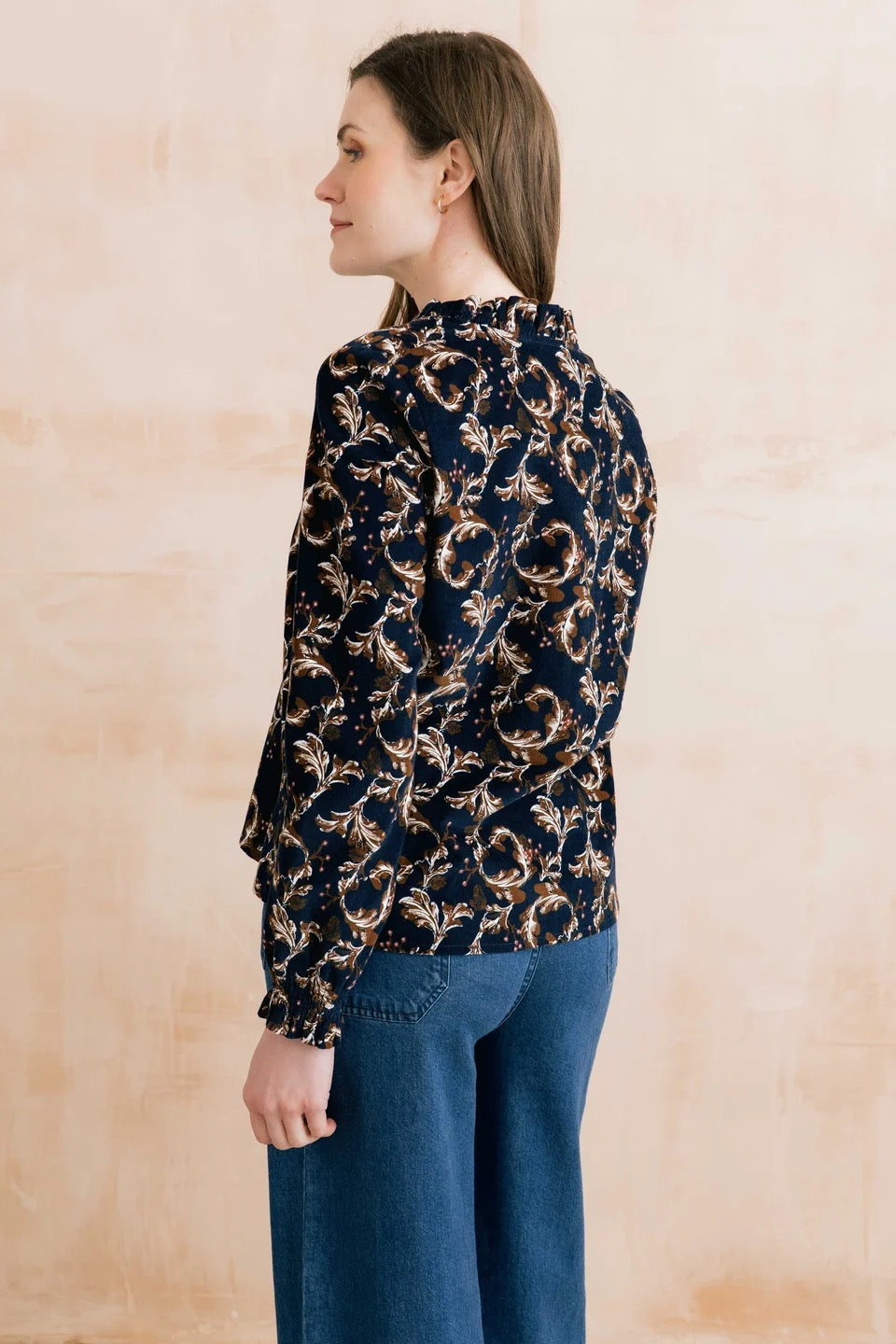 Kit Ruffle Pincord Trailing Leaves Print Blouse - Navy/Chocolate - Lily &amp; Me