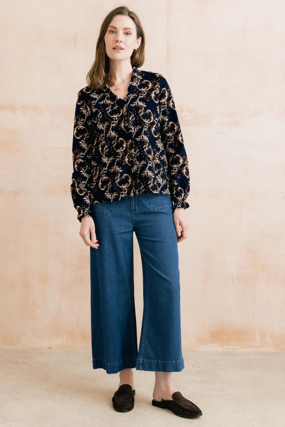 Kit Ruffle Pincord Trailing Leaves Print Blouse - Navy/Chocolate - Lily &amp; Me