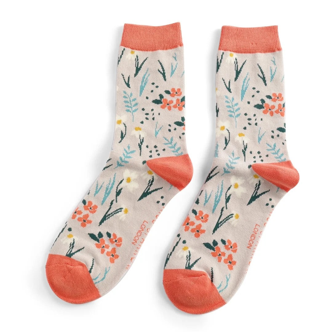 Miss Sparrow Bamboo Ankle Socks - Meadow Floral - Silver