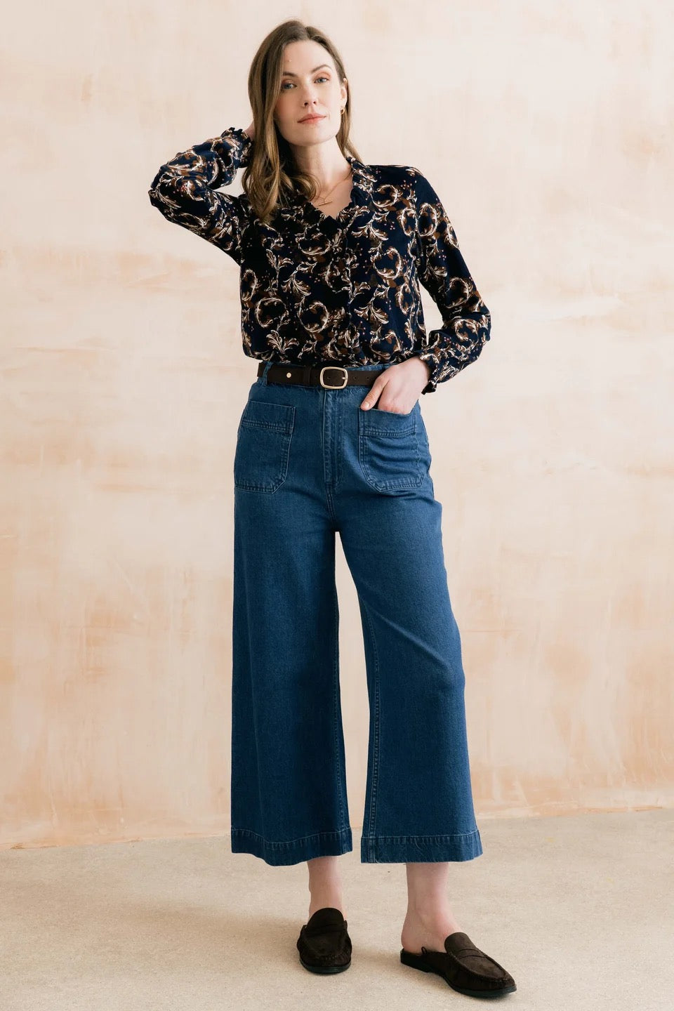Kit Ruffle Pincord Trailing Leaves Print Blouse - Navy/Chocolate - Lily &amp; Me