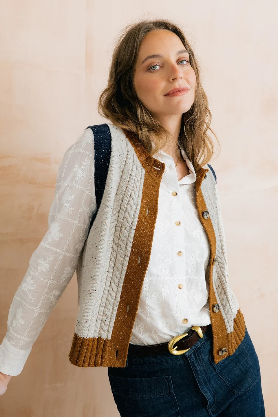 Grove Colour Block Knitted Waistcoat - Ecru Fleck/Tan/Navy - Lily &amp; Me
