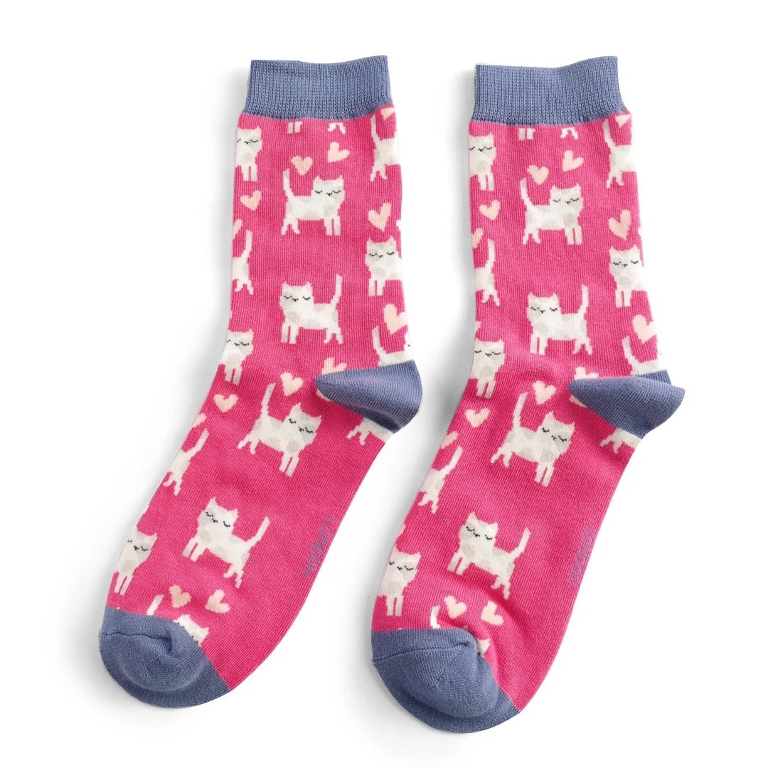 Miss Sparrow Bamboo Ankle Socks - Sleepy Cats - Hot Pink