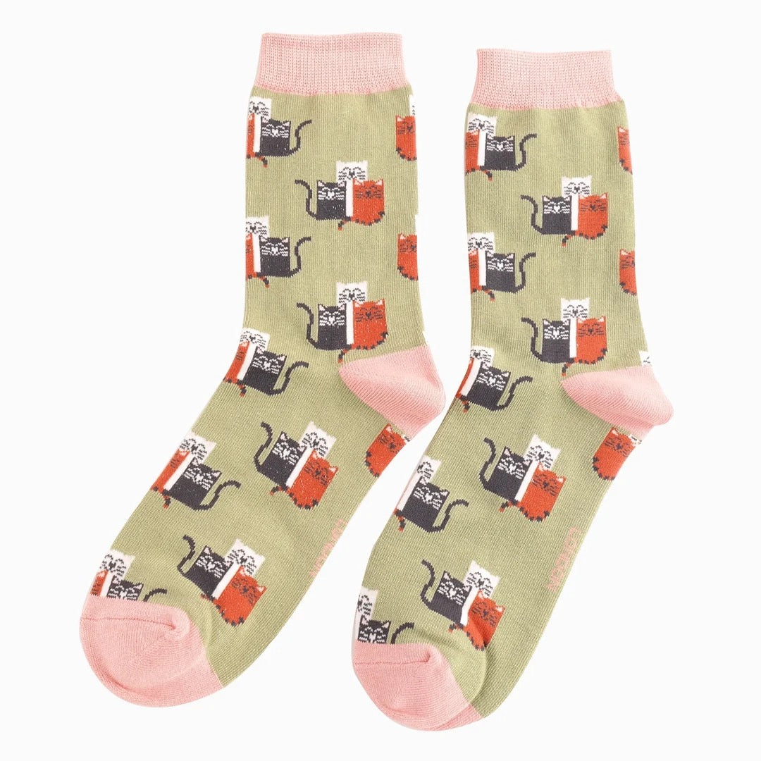 Miss Sparrow Bamboo Ankle Socks - Cat Club - Olive Green