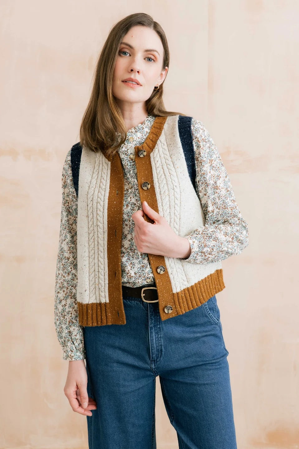 Grove Colour Block Knitted Waistcoat - Ecru Fleck/Tan/Navy - Lily &amp; Me