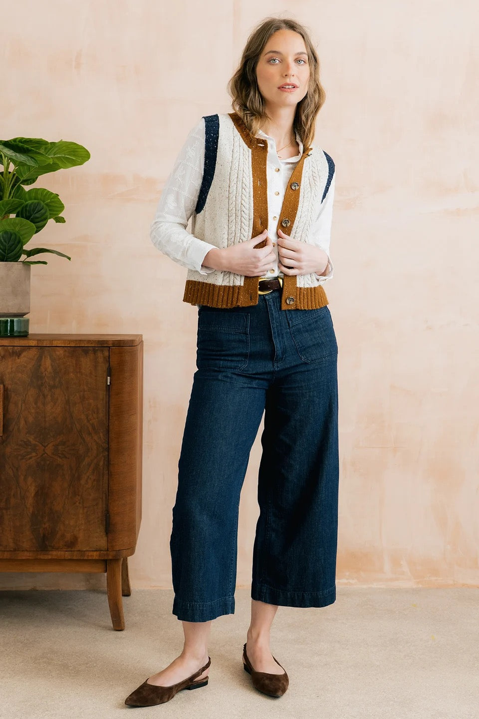 Grove Colour Block Knitted Waistcoat - Ecru Fleck/Tan/Navy - Lily &amp; Me