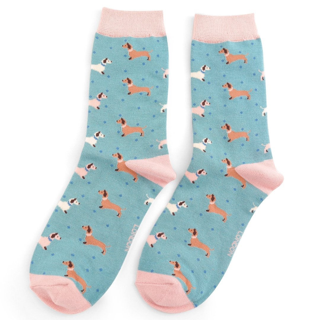 Miss Sparrow Bamboo Ankle Socks - Sausage Dog & Spots - Duck Egg Blue