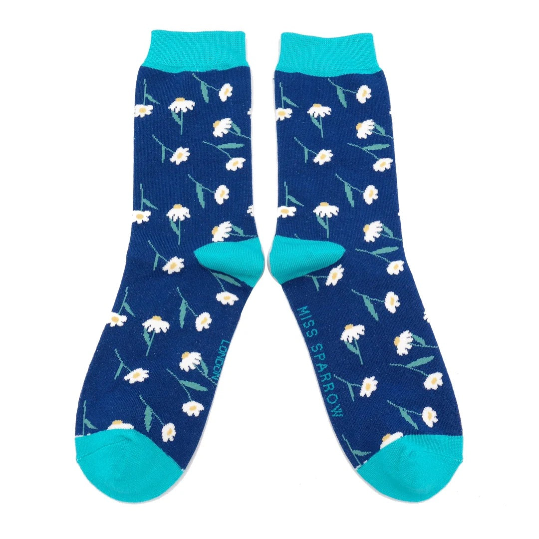 Miss Sparrow Bamboo Ankle Socks - Daisies - Navy Blue