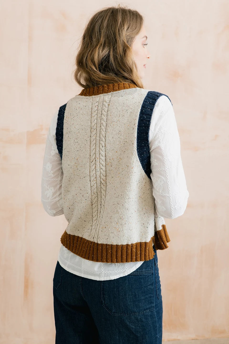Grove Colour Block Knitted Waistcoat - Ecru Fleck/Tan/Navy - Lily &amp; Me