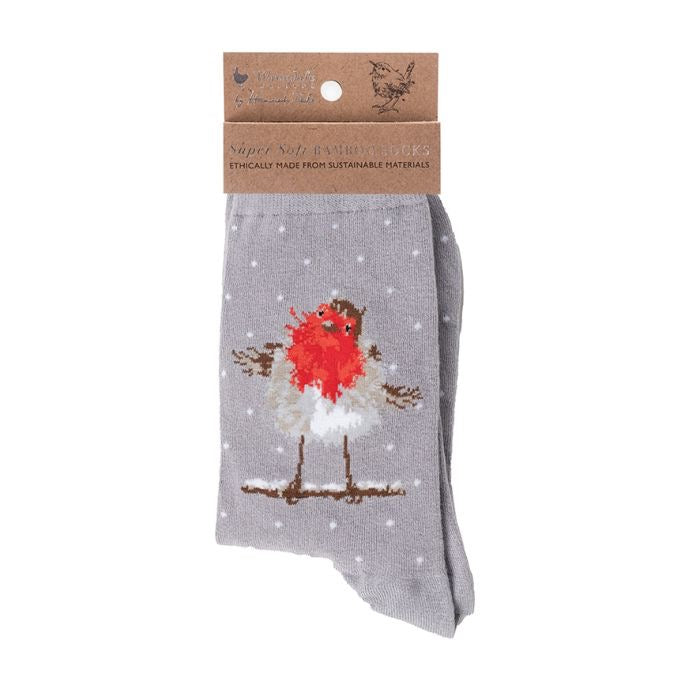 Robin Christmas Ladies Ankle Bamboo Socks - Grey -  Wrendale Designs