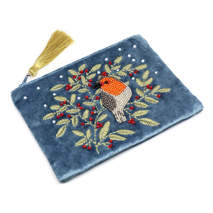 POM Dusky Blue Velvet Robin &amp; Holly Embroidered Small Zip Pouch with Tassel