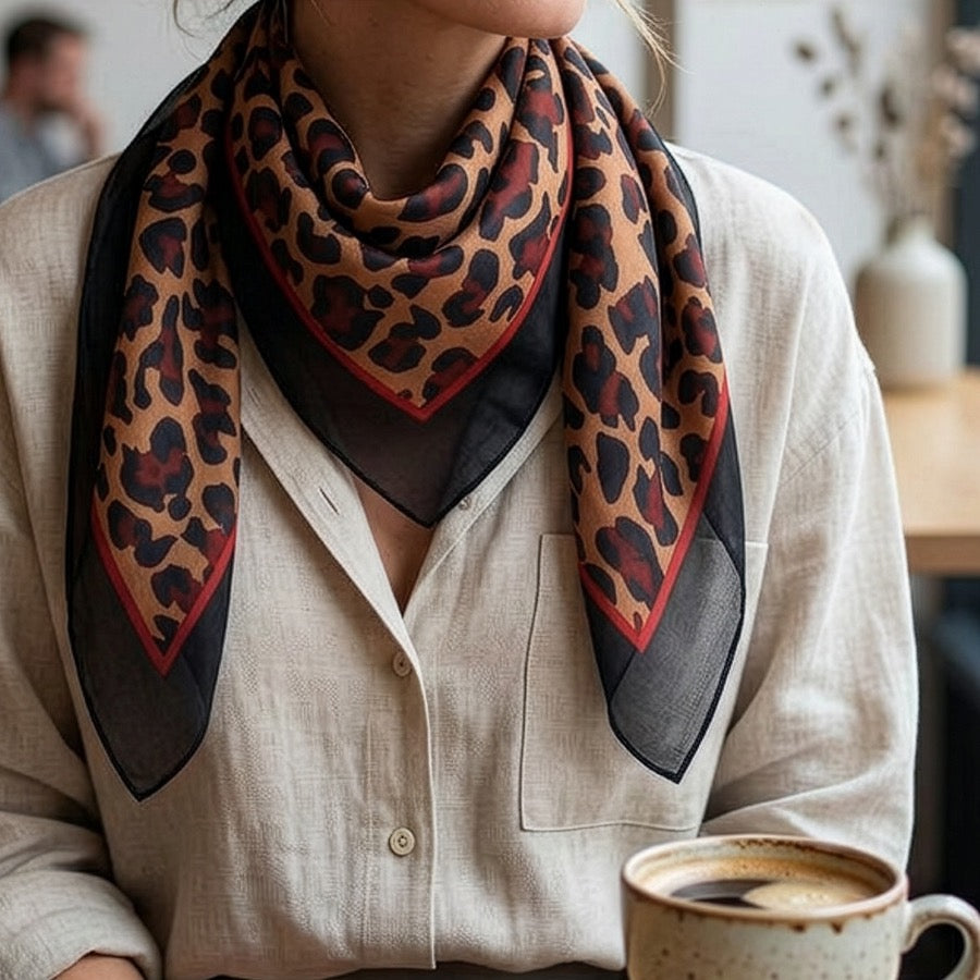 POM - Navy &amp; Camel Mix Animal Print - Square 100% Silk Scarf