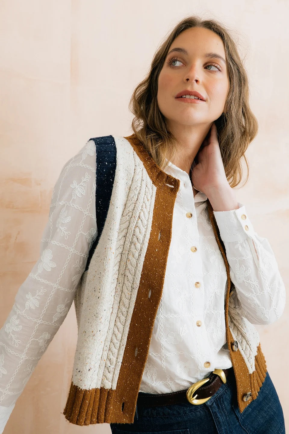 Grove Colour Block Knitted Waistcoat - Ecru Fleck/Tan/Navy - Lily &amp; Me