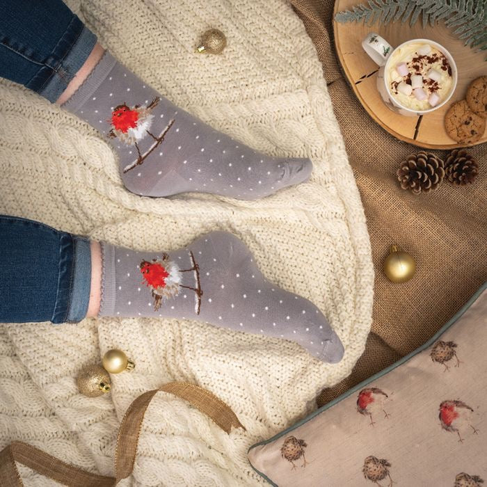 Robin Christmas Ladies Ankle Bamboo Socks - Grey -  Wrendale Designs