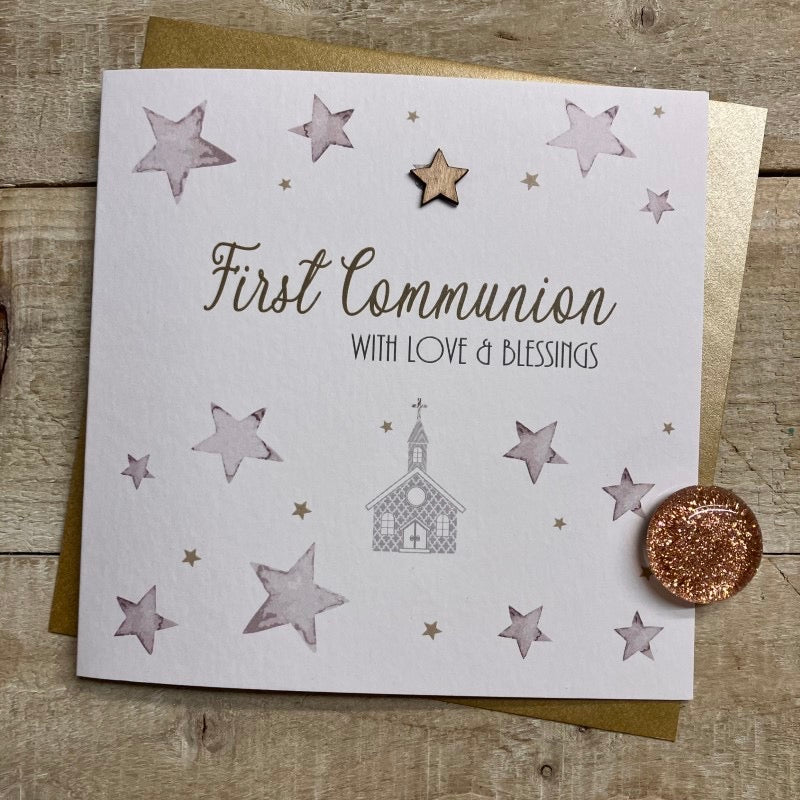 First Communion Stars & Church Card - White Cotton Cards