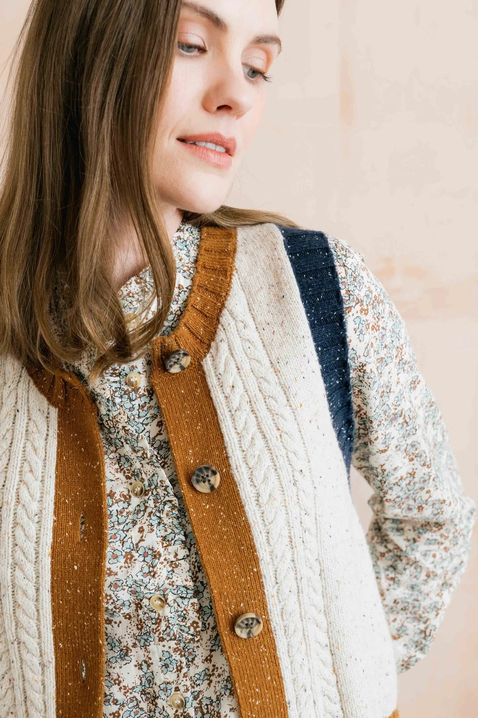 Grove Colour Block Knitted Waistcoat - Ecru Fleck/Tan/Navy - Lily &amp; Me