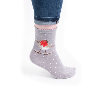 Robin Christmas Ladies Ankle Bamboo Socks - Grey -  Wrendale Designs