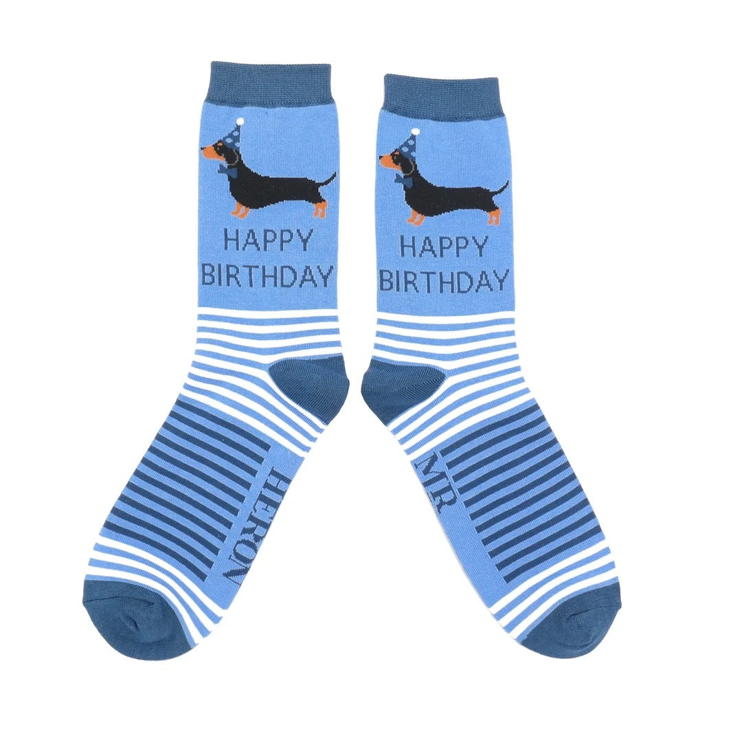Mr Heron MENS Bamboo Ankle Socks - Birthday Sausage Dogs - Sky Blue