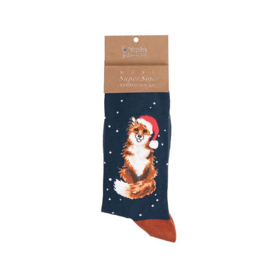 Festive Fox Christmas Mens Bamboo Socks - Navy Blue - Wrendale Designs