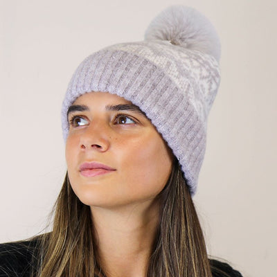 POM Soft Grey Fair Isle Bobble Hat