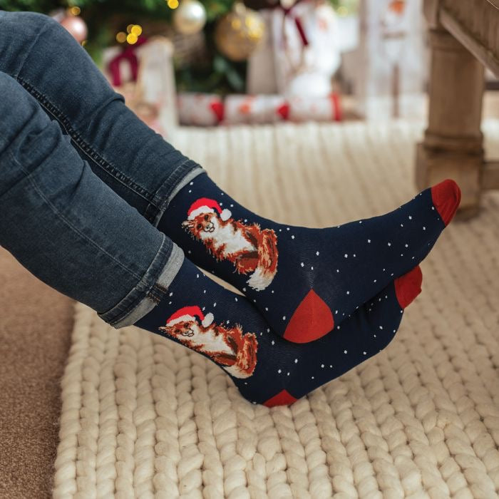 Festive Fox Christmas Mens Bamboo Socks - Navy Blue - Wrendale Designs