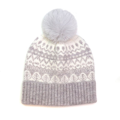 POM Soft Grey Fair Isle Bobble Hat