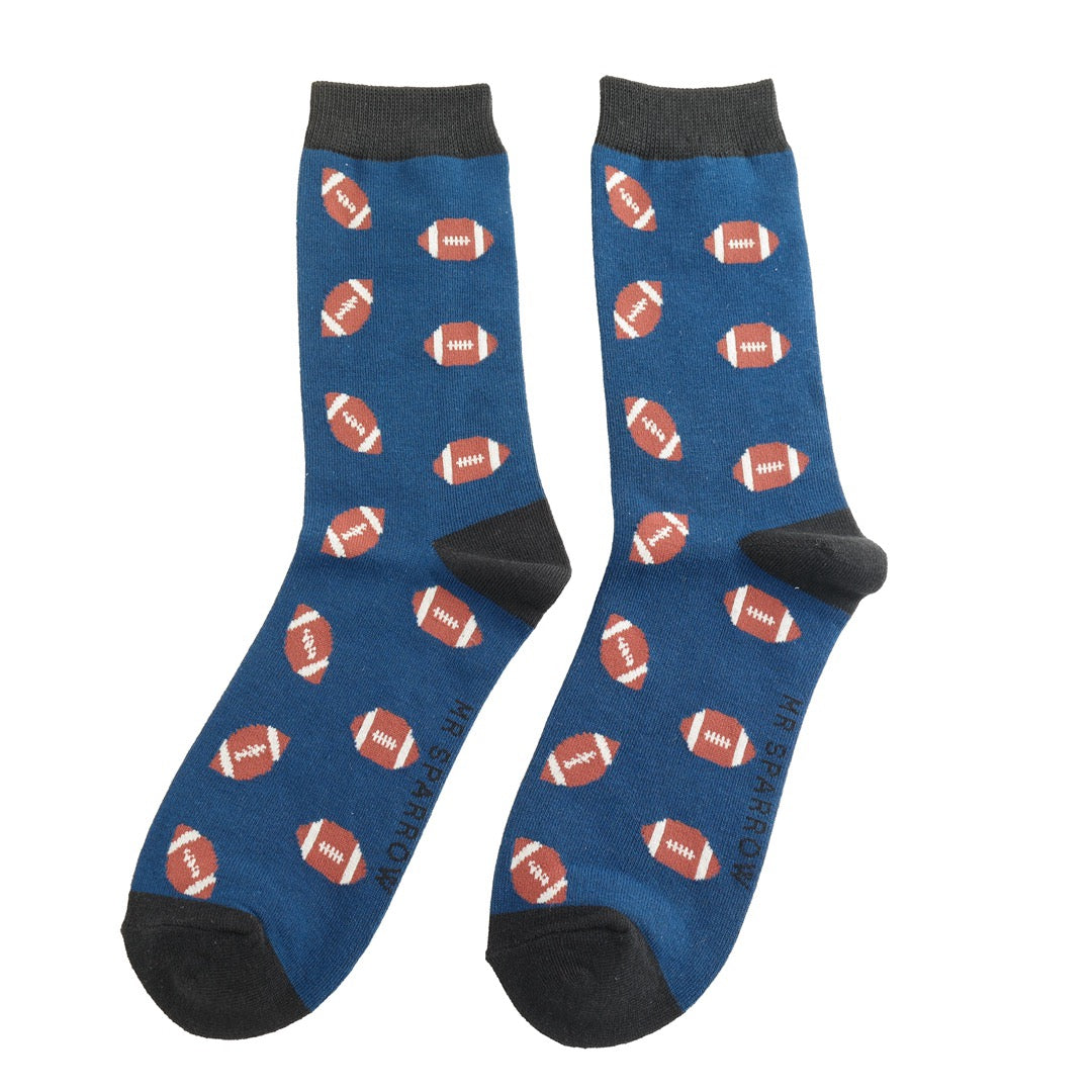 Mr Sparrow MENS Bamboo Ankle Socks - Rugby Balls - Navy Blue