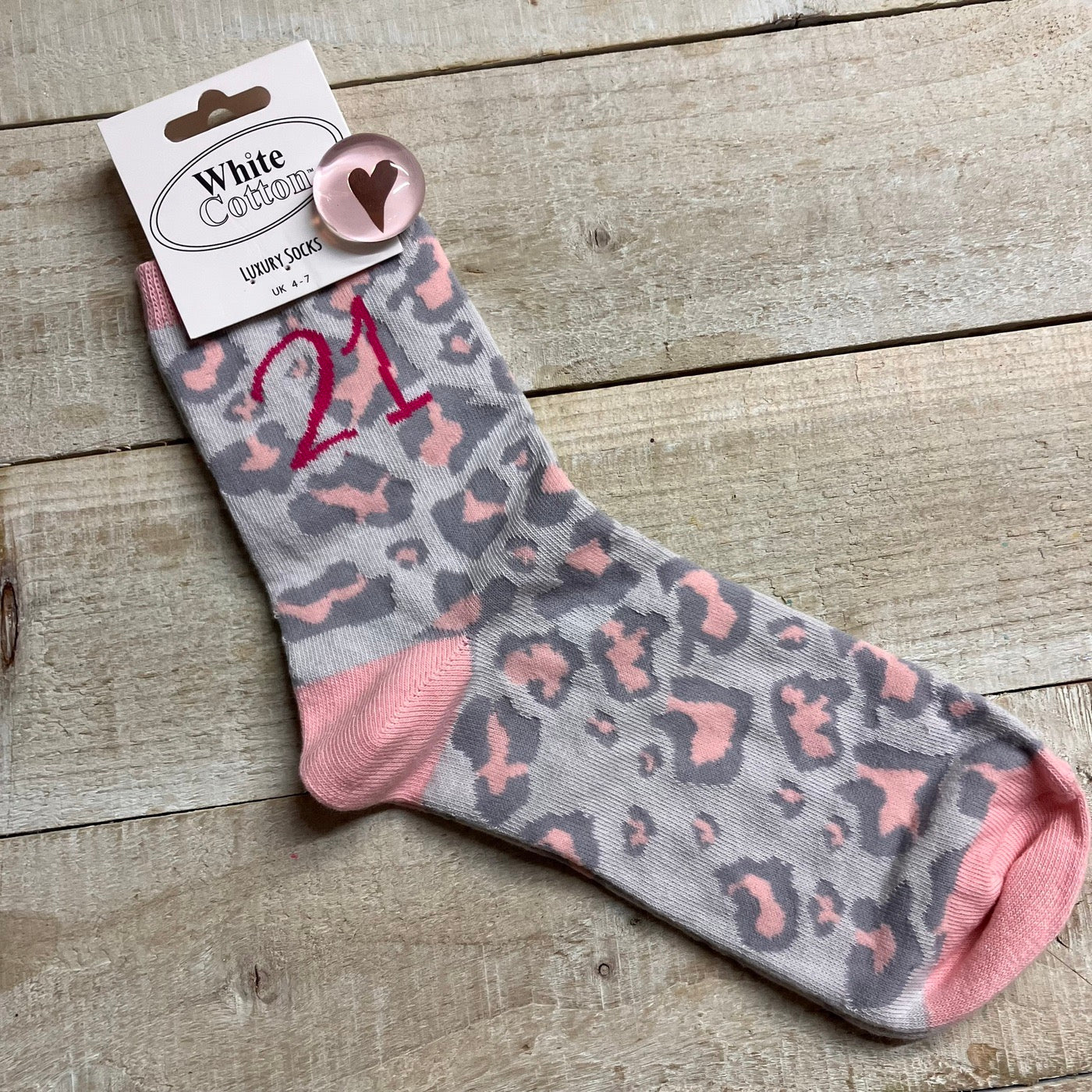 White Cotton Ladies Ankle Socks -  Pink Leopard - 21st