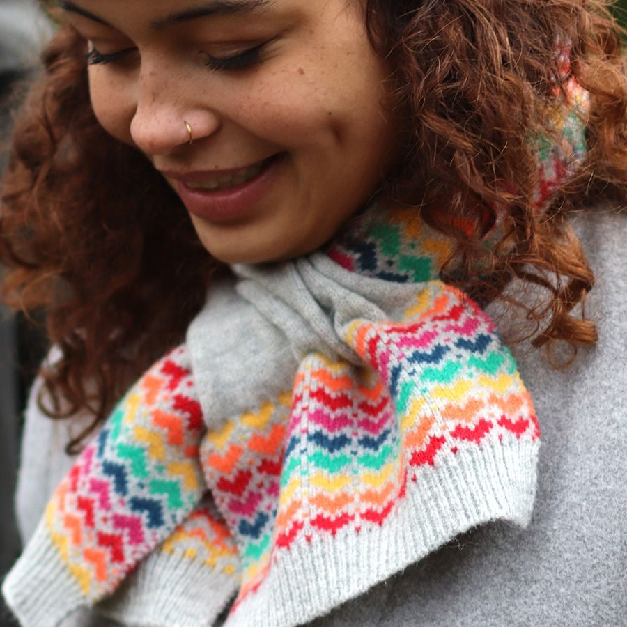 POM Rainbow Hearts & Light Grey Wool Blend Knitted Pull Through Scarf