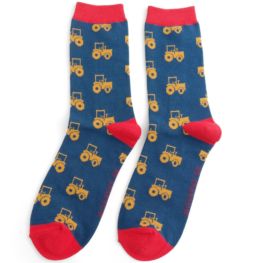 Mr Sparrow MENS Bamboo Ankle Socks - Tractors - Navy Blue