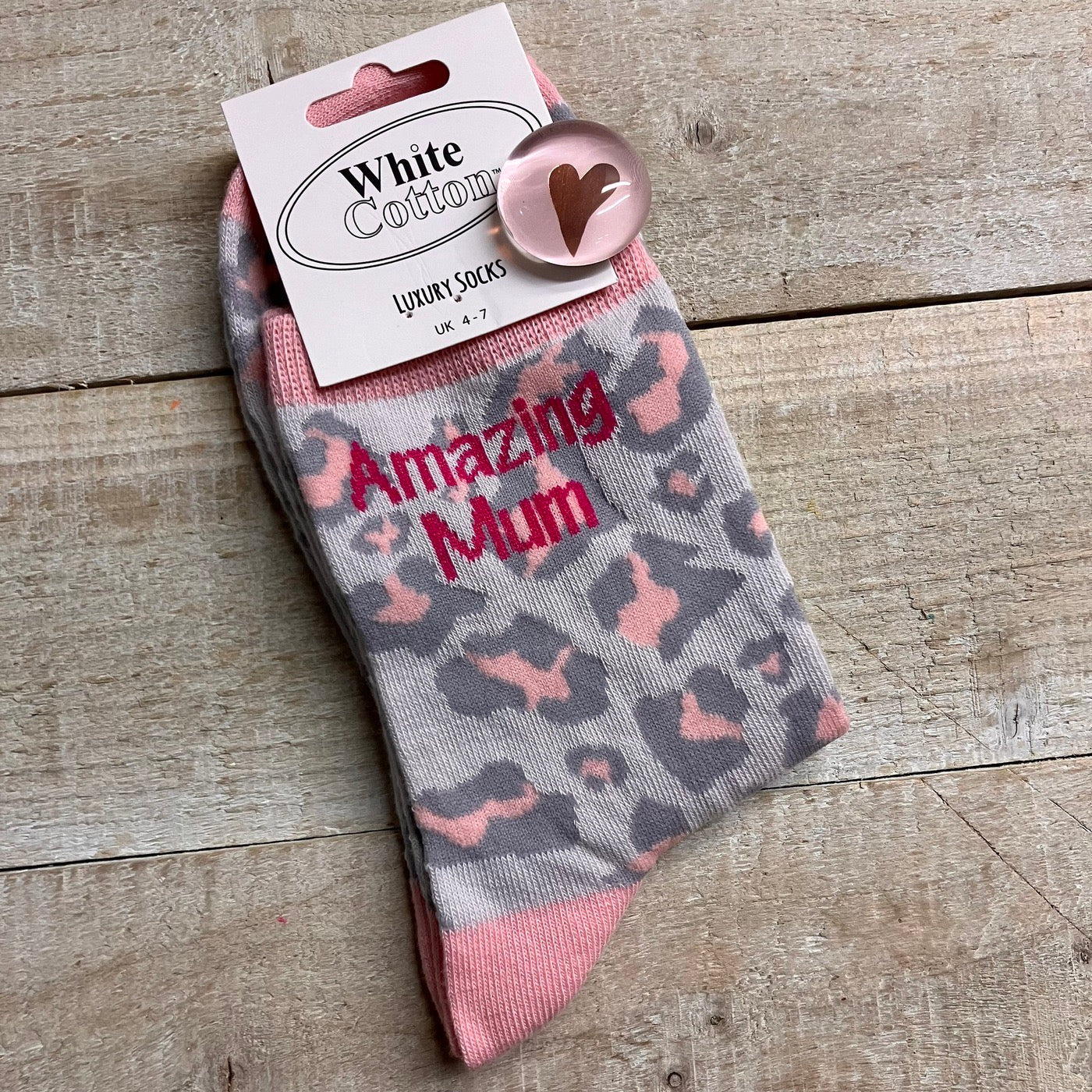 White Cotton Ladies Ankle Socks -  Pink Leopard - Mum