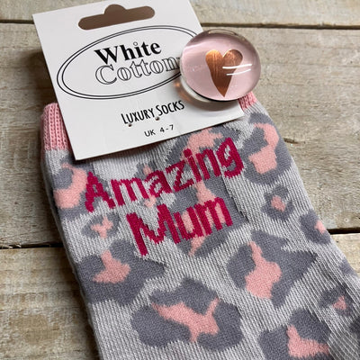 White Cotton Ladies Ankle Socks -  Pink Leopard - Mum