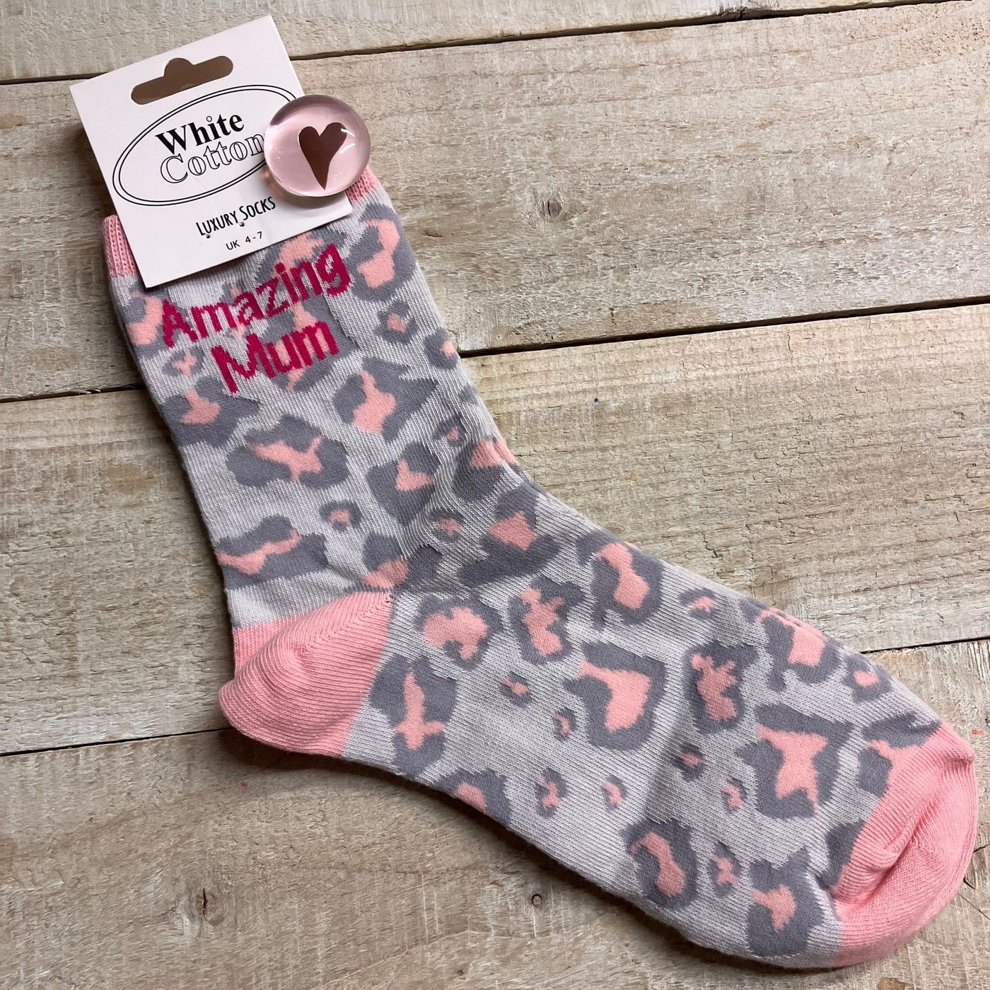 White Cotton Ladies Ankle Socks -  Pink Leopard - Mum