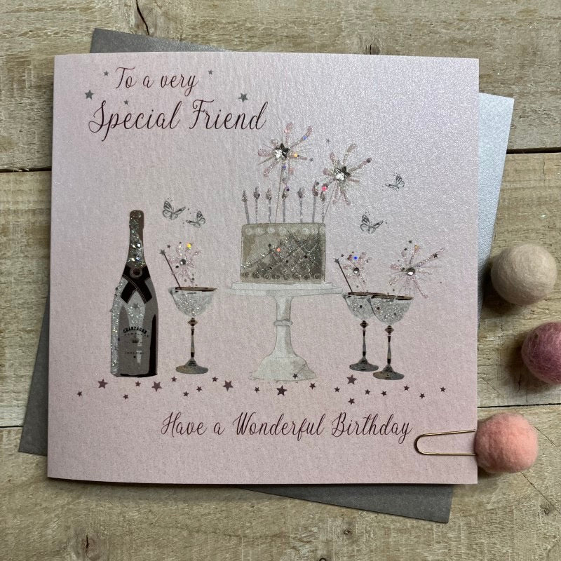 Special Friend Birthday Cake & Champagne Pink LARGE Card - White Cotton Cards