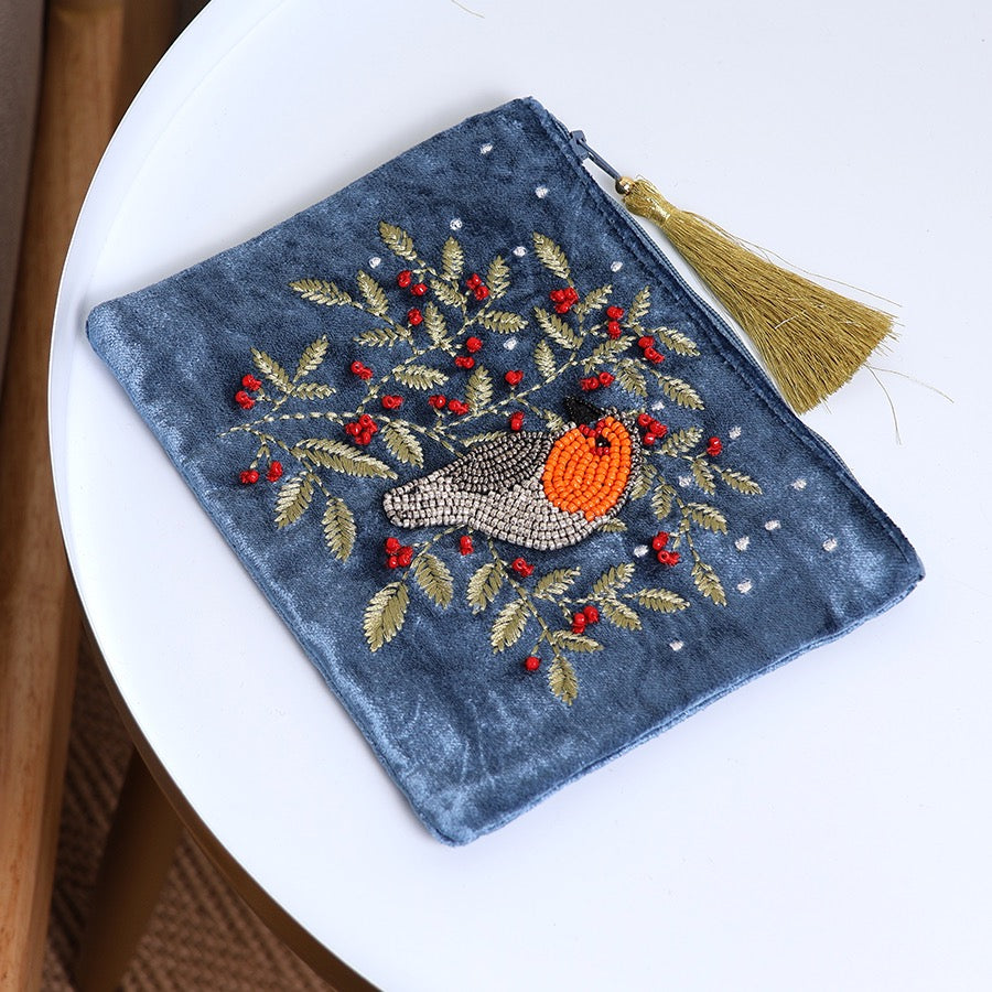 POM Dusky Blue Velvet Robin &amp; Holly Embroidered Small Zip Pouch with Tassel
