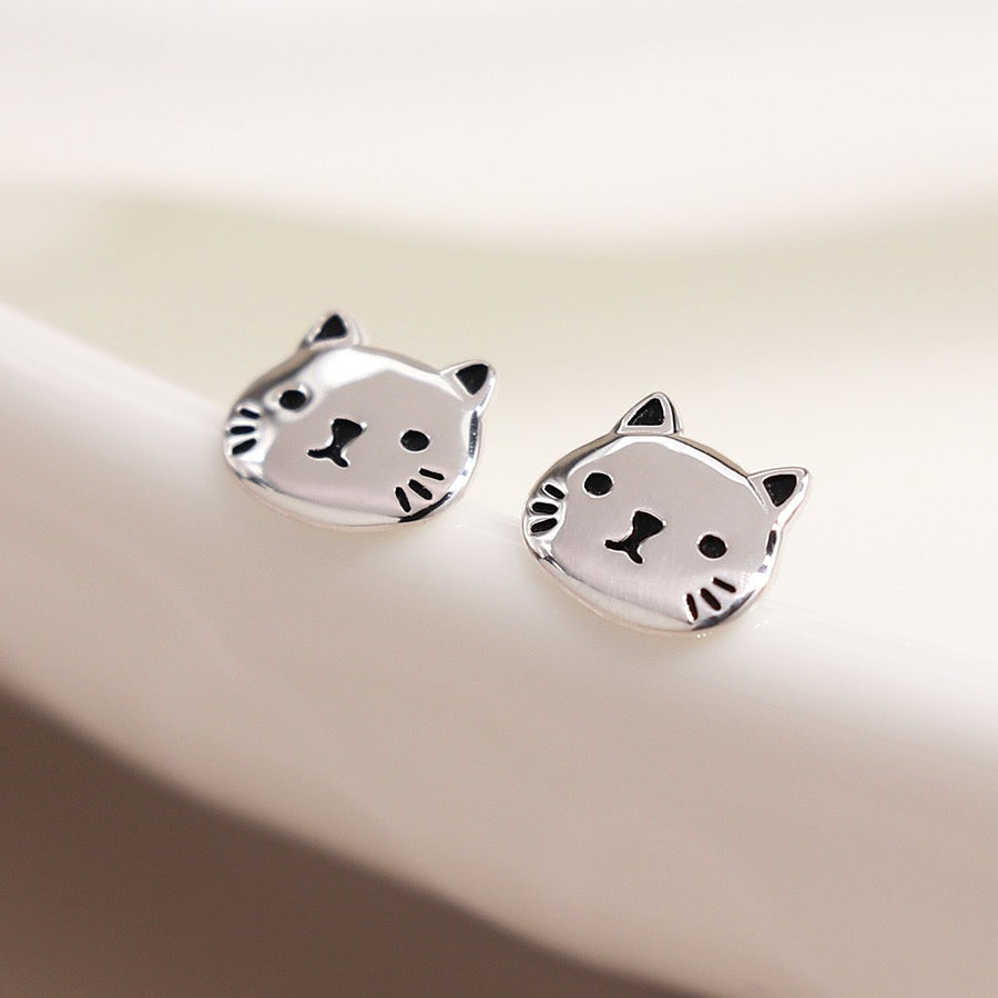 POM Sterling Silver Cat Face Stud Earrings