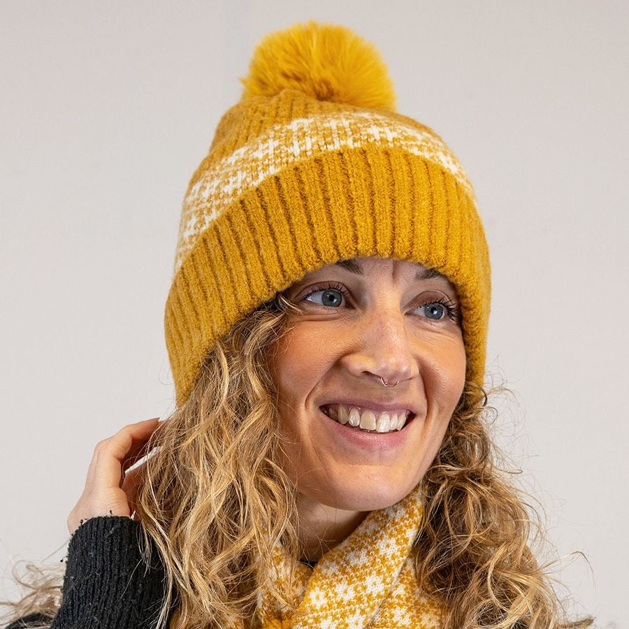 POM Mustard Ribbed & Scandi Floral Recycled Yarn Bobble Hat