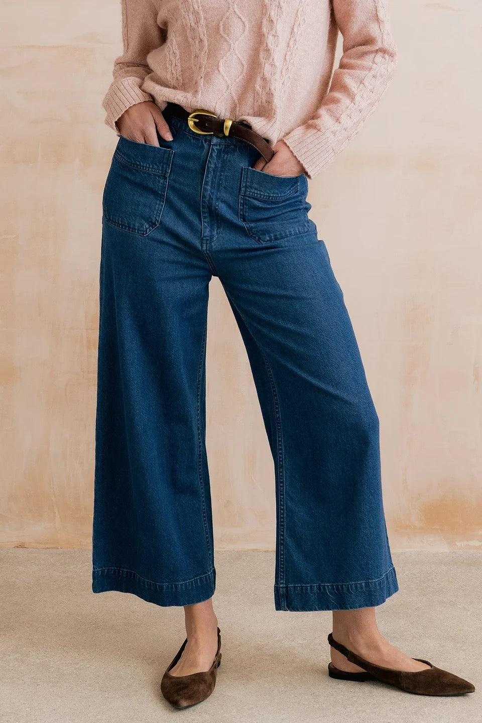 Amelia Denim Cropped Wide Leg Jeans  - Blue - Lily &amp; Me