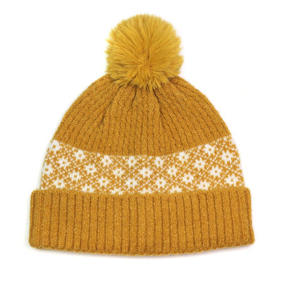 POM Mustard Ribbed & Scandi Floral Recycled Yarn Bobble Hat