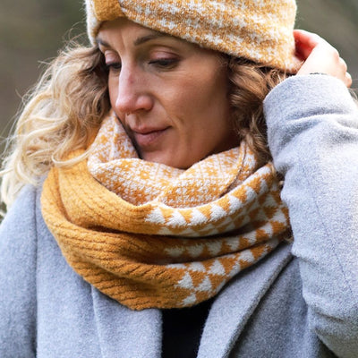 POM Mustard Scandi Floral & Retro Check Print Snood Scarf