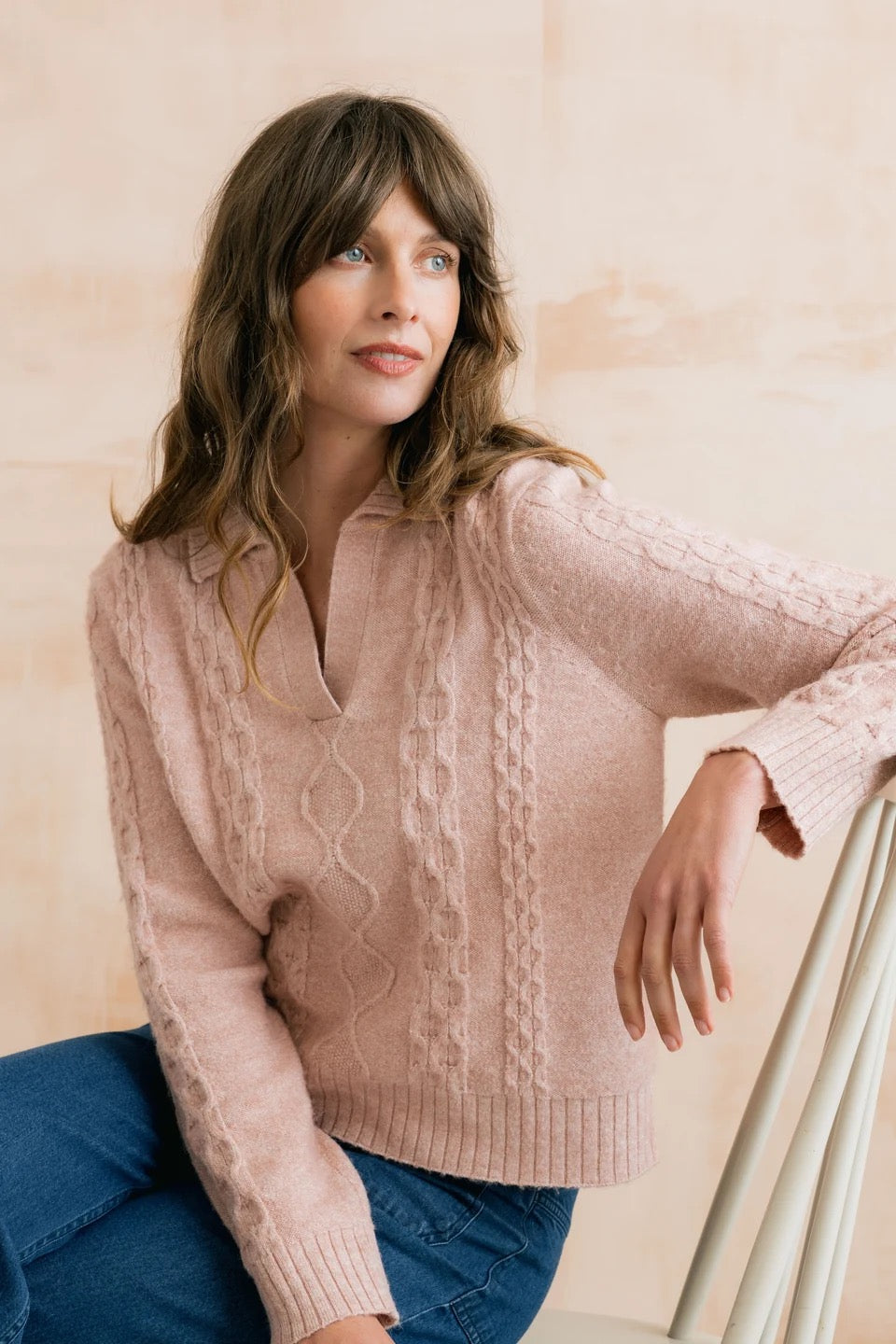 Studio Cable Knit Collared Jumper - Antique Pink - Lily &amp; Me