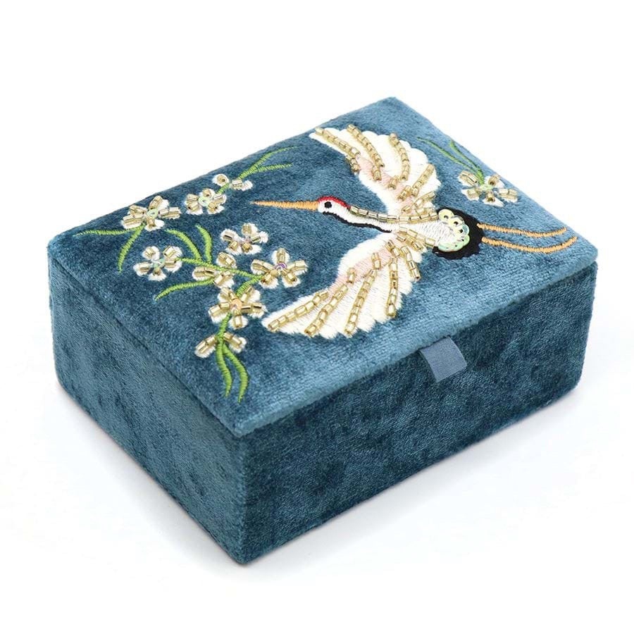 POM Mid-Blue Flying Cranes &amp; Florals Velvet Embroidered Mini Jewellery Box