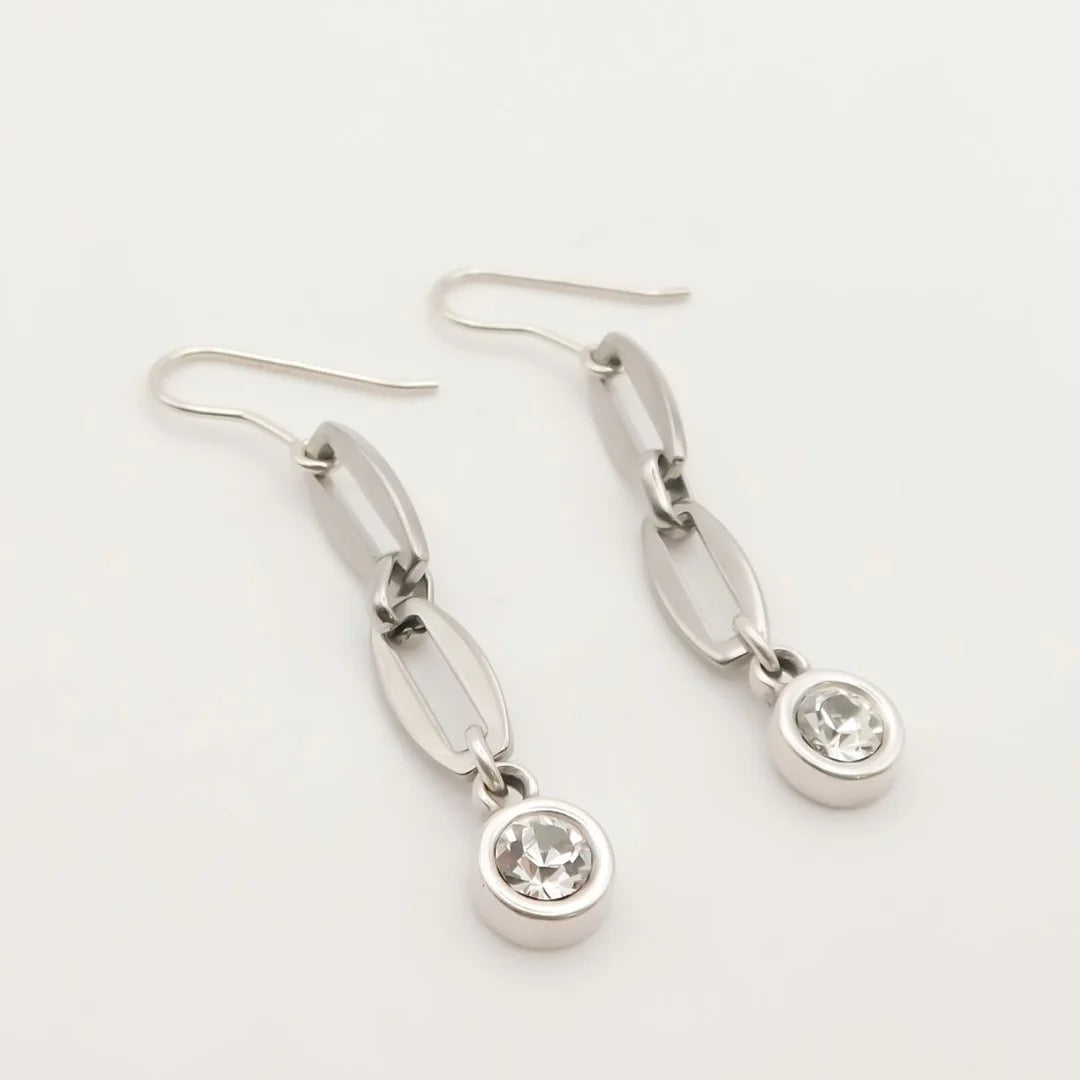 Orli Crystal Silver Long Link Chain Dangly Earrings