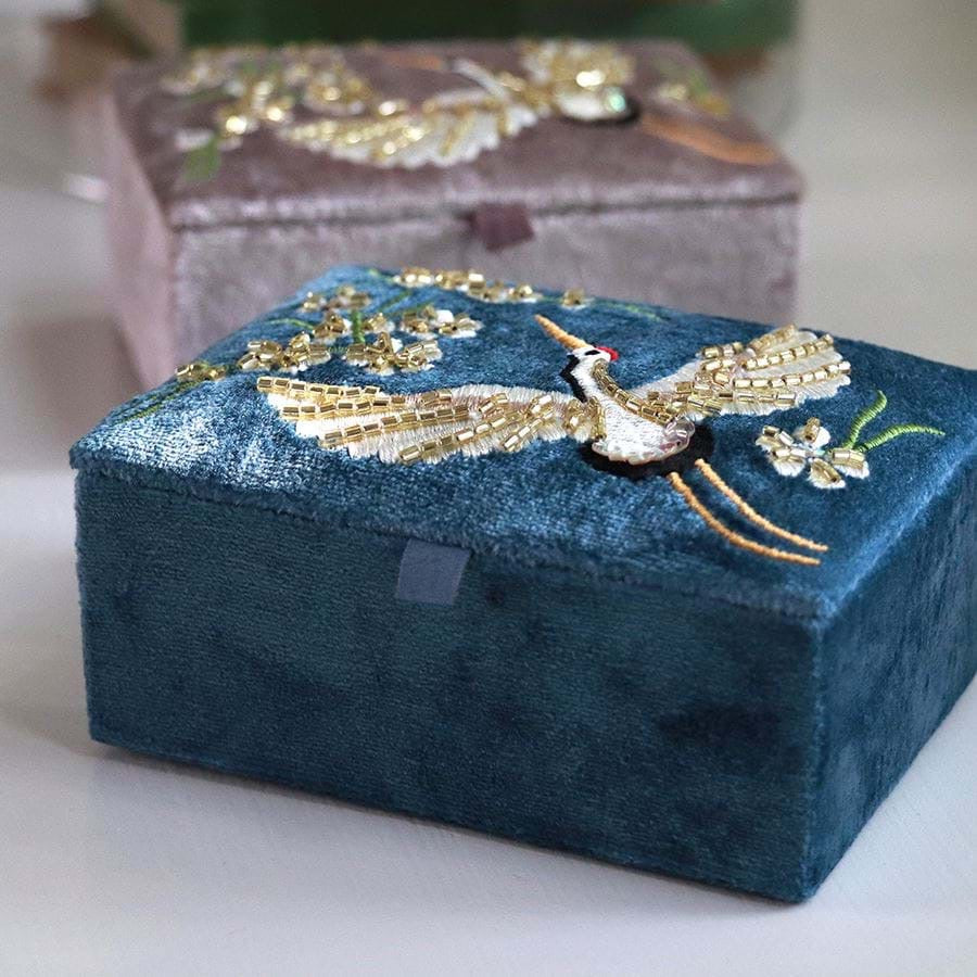 POM Mid-Blue Flying Cranes &amp; Florals Velvet Embroidered Mini Jewellery Box