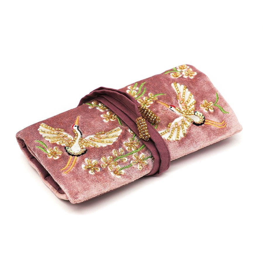 POM Pink Flying Cranes & Florals Velvet Embroidered Jewellery Roll