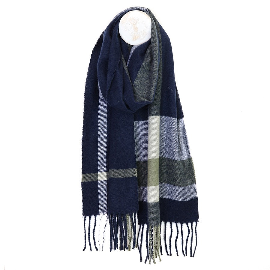 POM - Mens - Ralph - Check Print Tassel Scarf - Navy &amp; Khaki Green