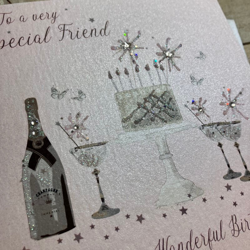 Special Friend Birthday Cake & Champagne Pink LARGE Card - White Cotton Cards