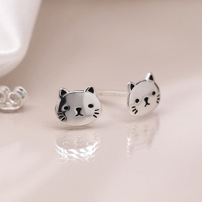 POM Sterling Silver Cat Face Stud Earrings