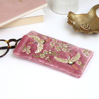 POM Dusty Pink Flying Cranes & Florals Velvet Embroidered Sunglasses Pouch