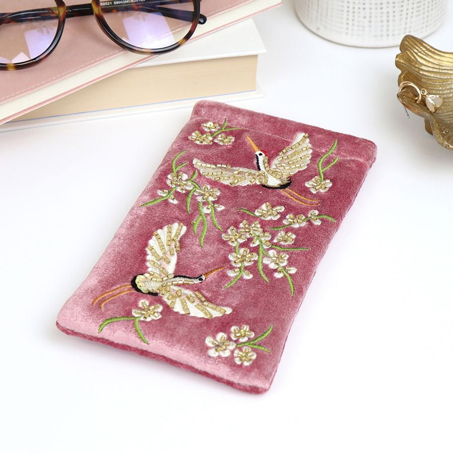 POM Dusty Pink Flying Cranes & Florals Velvet Embroidered Sunglasses Pouch