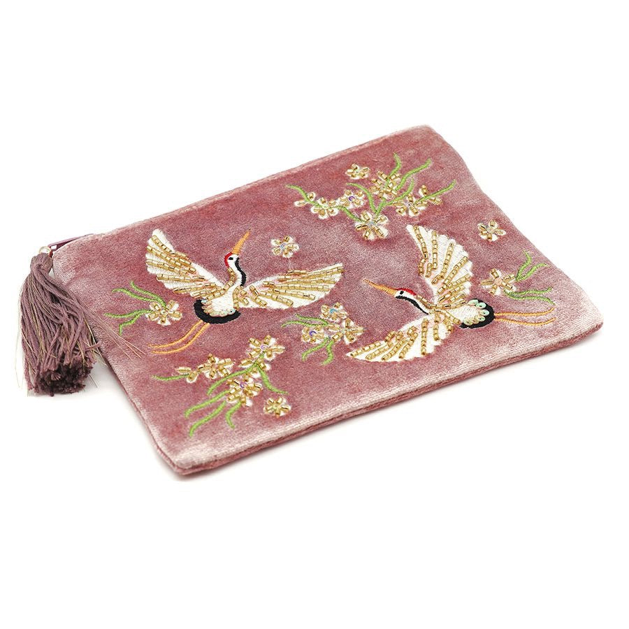 POM Dusty Pink Flying Cranes & Florals Velvet Embroidered Tassel Pouch